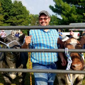 Student judging two cows